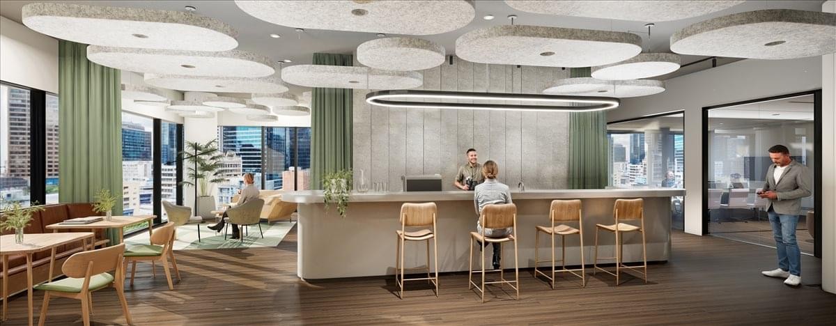 Communal cafe and kitchen area with unique cloud-like ceiling fixtures.