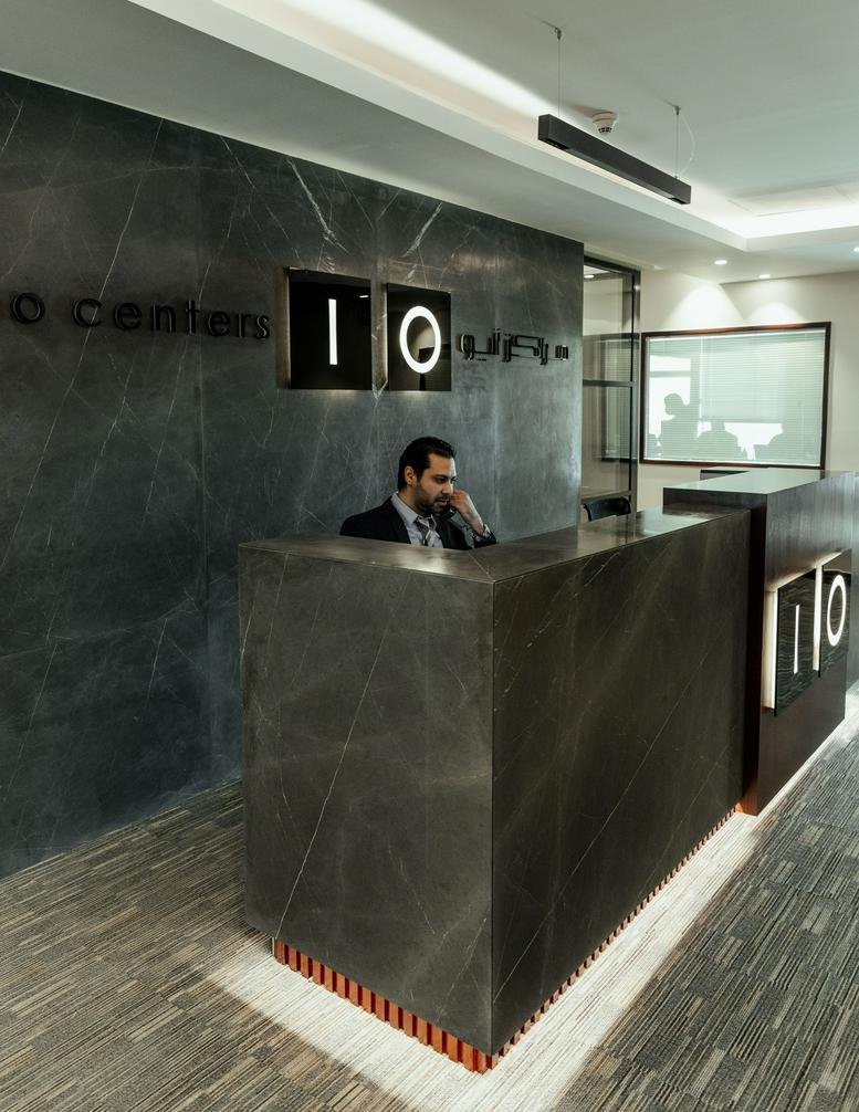 Modern stone reception desk at the Al-Shuhada Street, Sharq, Kuwait City center.