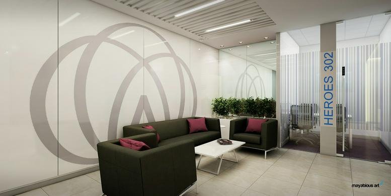 Reception lounge with dark green sofas, pink pillows, and a large circular wall graphic at Building 8, Tower C.