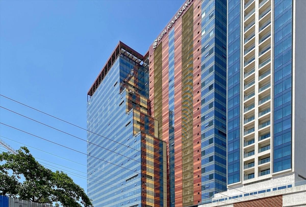 Exterior view of the colorful glass-facade at Rupa Renaissance.