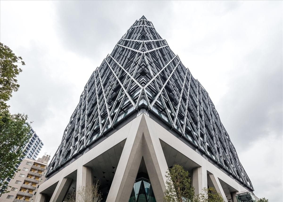 Exterior view of the striking lattice-patterned facade of DaiyaGate Ikebukuro.