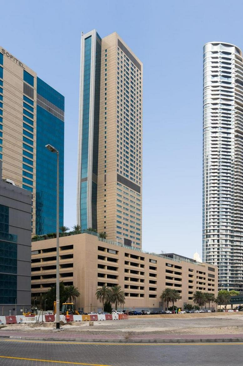 Exterior view of the multi-story skyscraper at level 20, Downtown, Dubai.