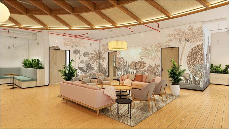 Spacious lounge at Ecoworld, Tower 4D with botanical wallpaper, pastel pink sofas, and warm wood-slatted ceiling.