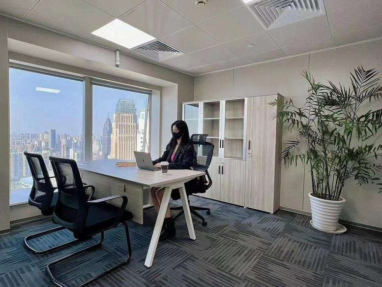 Executive office suite with a potted palm tree, desk with laptop, and large windows overlooking the city.