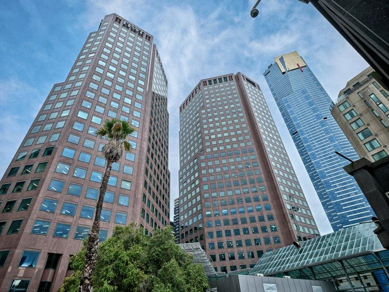 Exterior view of the glass and stone facade of the HWT Tower at 40 City Road.