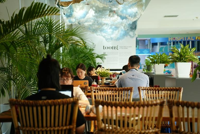 Modern lobby at the 3rd Floor, IPH Building featuring a wooden reception desk and a colorful art installation.