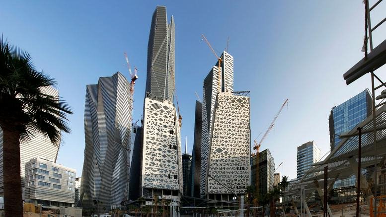 Exterior view of the modern, geometric skyscrapers at King Abdullah Financial District ( KAFD ).