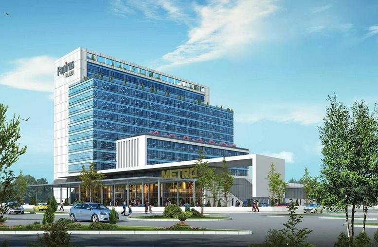 Exterior view of the contemporary glass and steel Papirus Plaza in Istanbul.