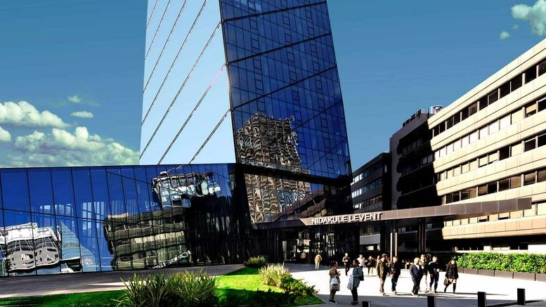 Exterior view of the striking glass-facade Nidakule Levent building in Istanbul.