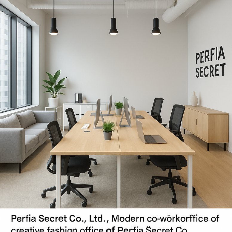 Modern open-plan office of Perfia Secret Co., Ltd. with long wooden desks, black chairs, and potted plants.