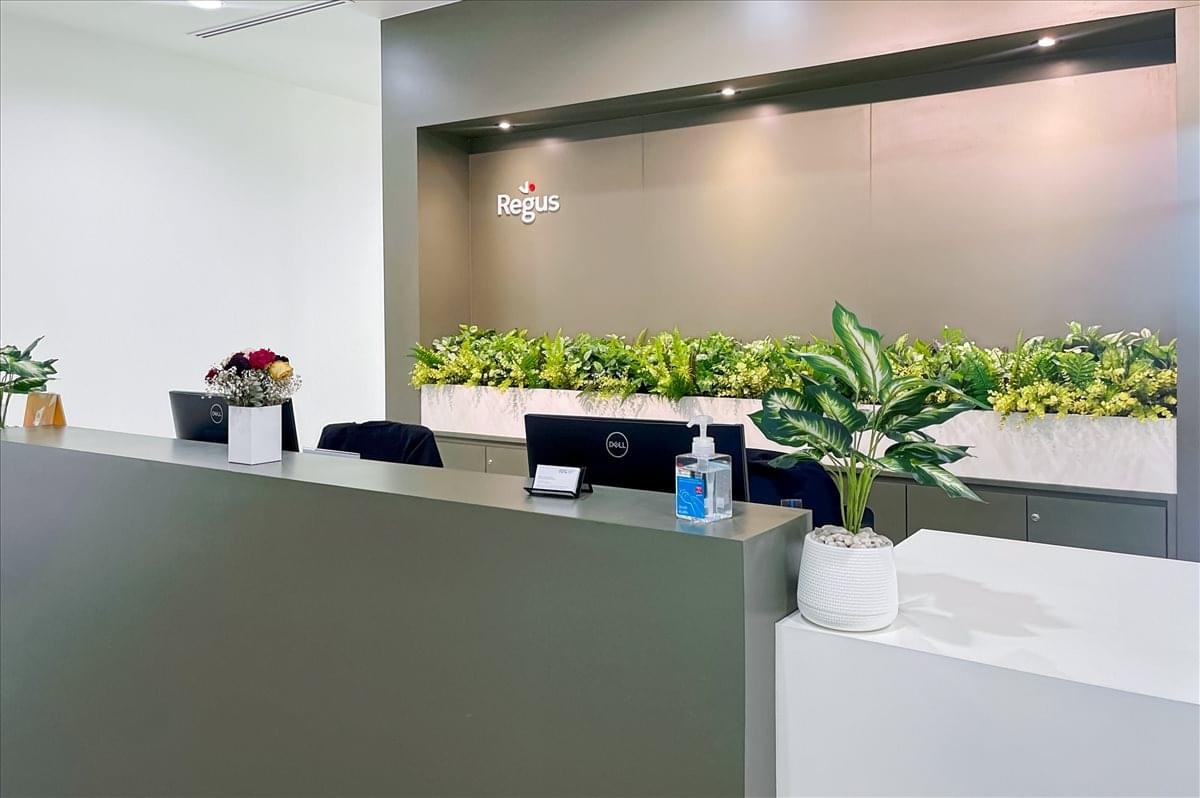 Modern reception desk with indoor plants and a back-lit feature wall.
