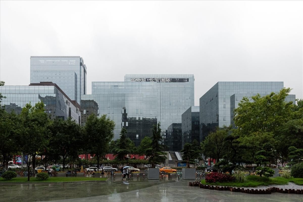 Exterior view of the glass-facade Tower A at Xi’an Chang’an Metropolis Centre.
