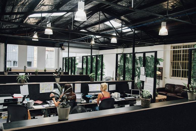 Wide view of a spacious industrial-style office at 14 Ellis Street, South Yarra, Melbourne, Victoria.