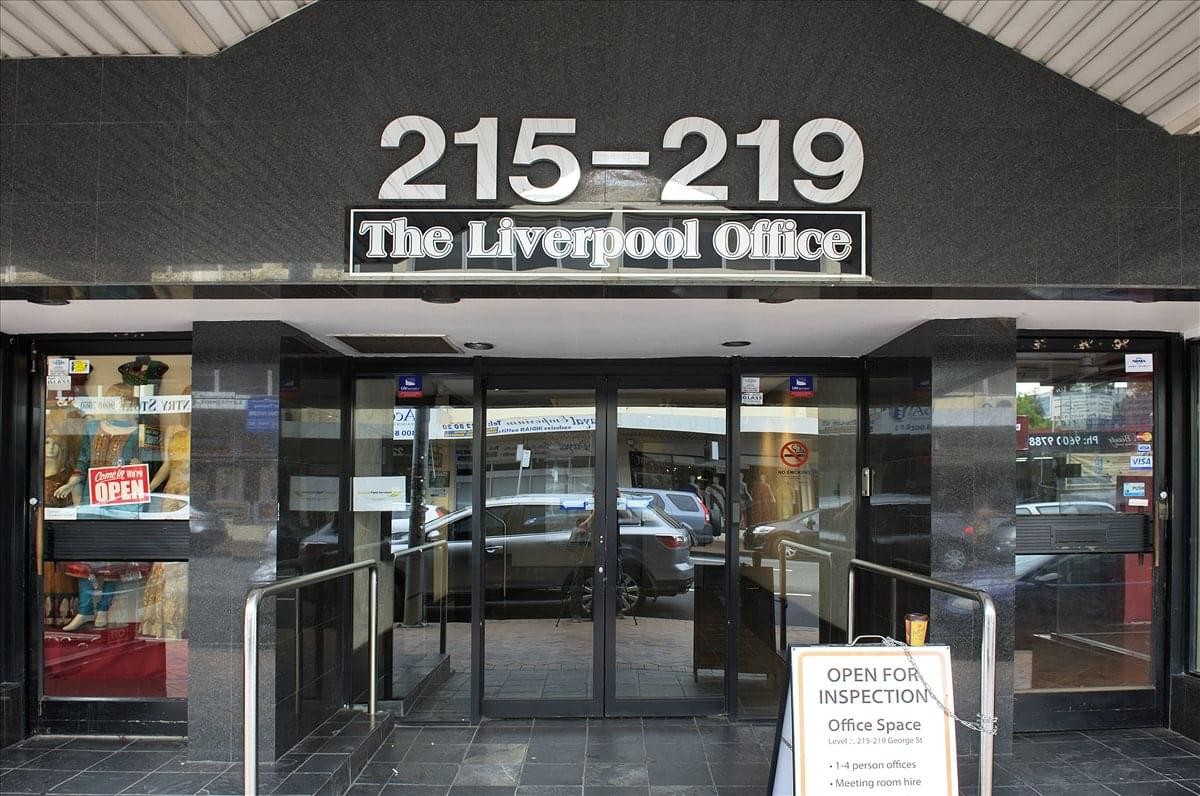 Building entrance with signage for 215-219 George Street, Liverpool, Sydney, Australia.