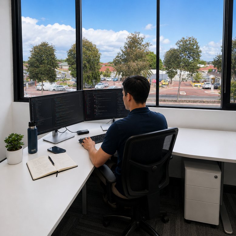 Bright corner workstation at 222 Main Street, Osborne Park, Perth with dual monitors and a large window view.