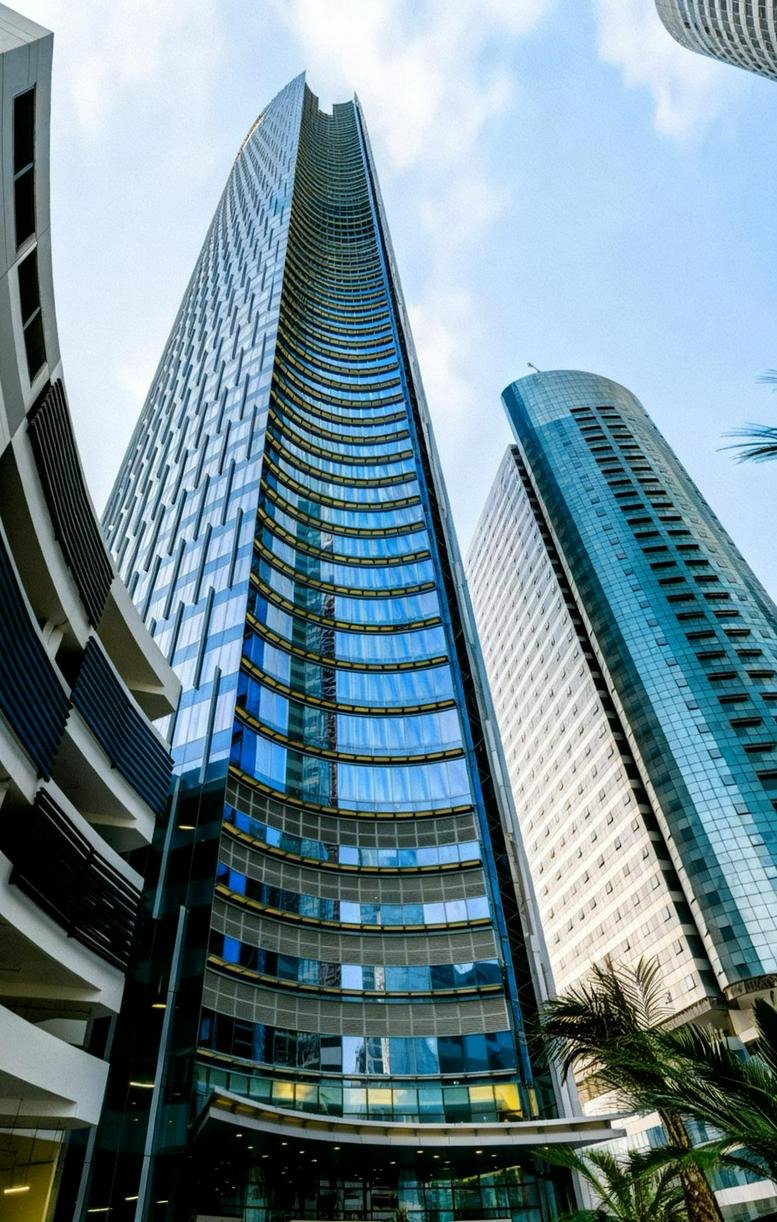 Worm's-eye view of the sleek, glass-facade exterior of Addax Tower.