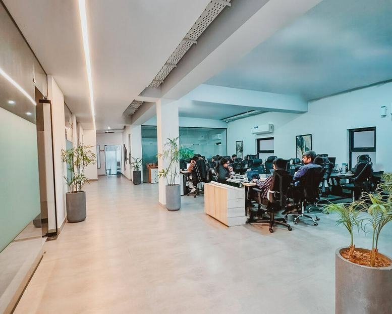 Spacious interior of 3 Block E, Lahore, Pakistan with a bright hallway, potted plants, and modern workspaces.