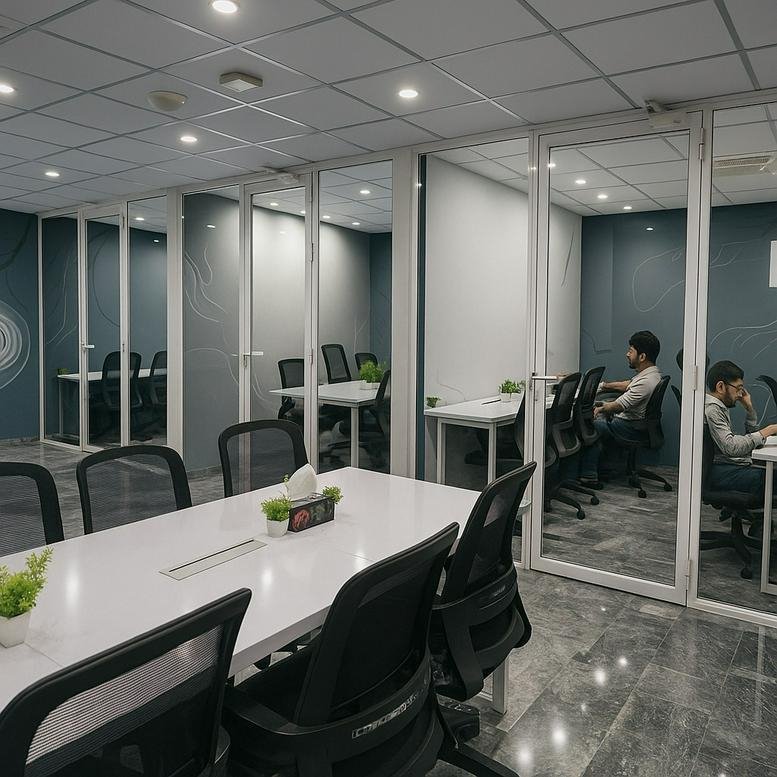 Bright coworking area featuring glass-walled offices and white communal tables.