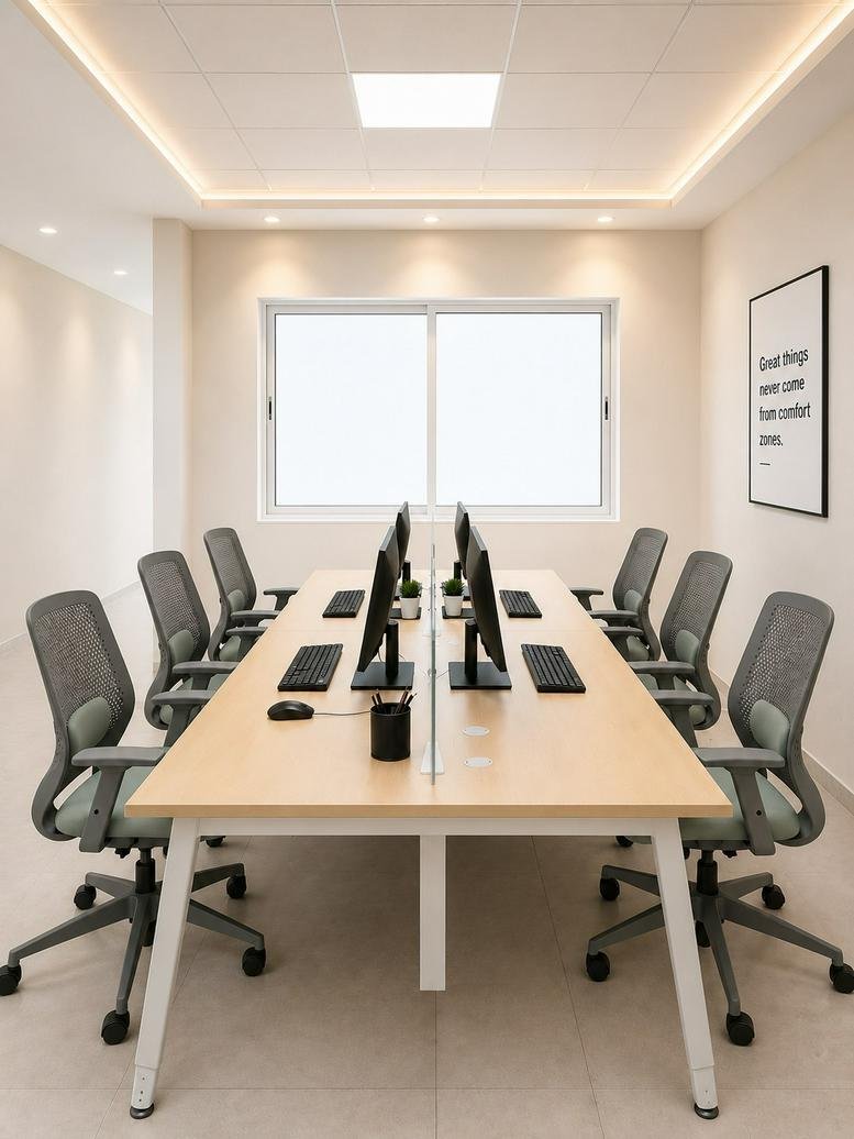 Meeting room at Metro Startup Studios featuring a light wood table, mesh chairs, and recessed ceiling lighting.