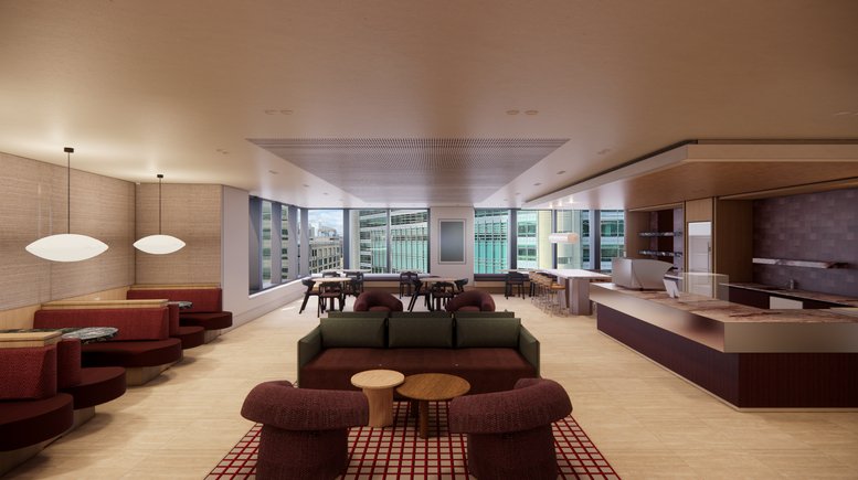 Spacious communal lounge at 400 George Street, Level 17, Sydney CBD with plush seating and floor-to-ceiling windows.