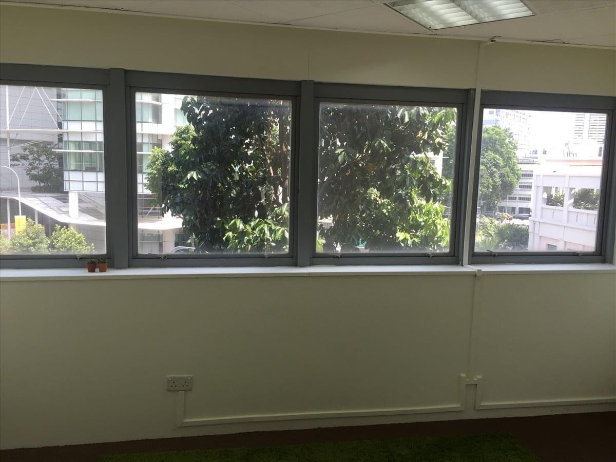 Row of large windows at 452 North Bridge Road, Singapore offering views of city greenery.