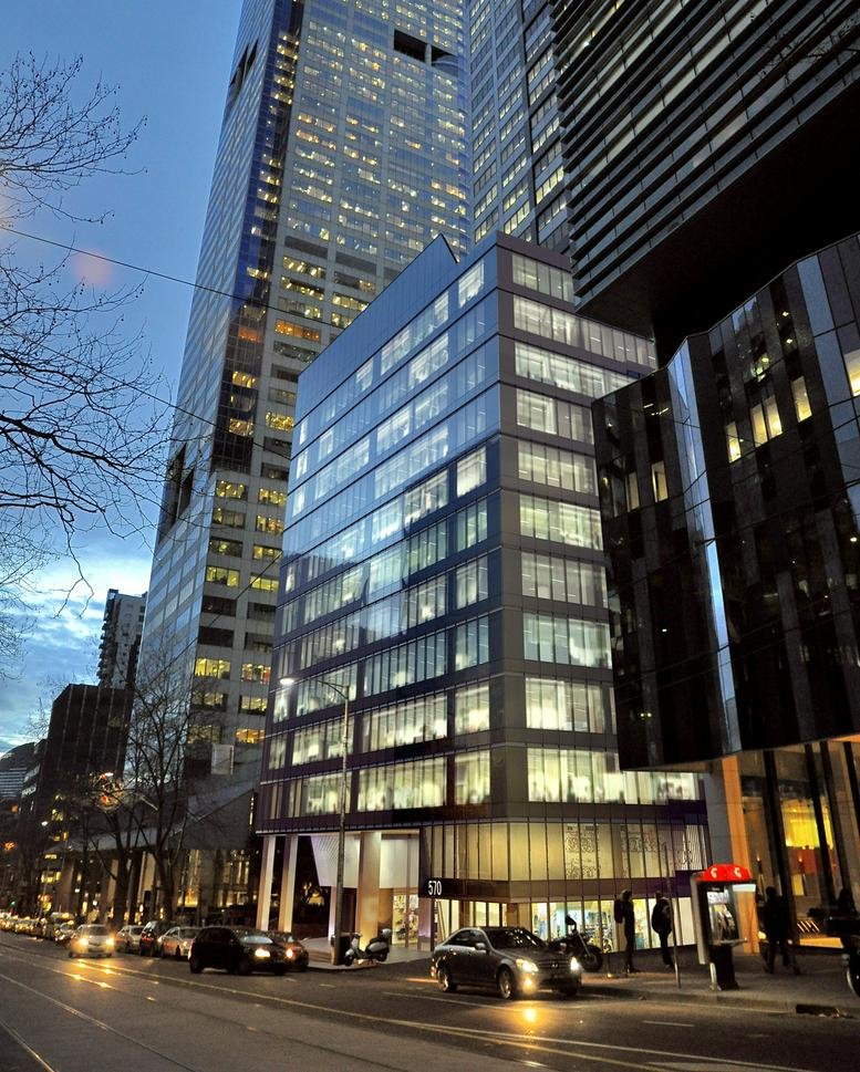 Exterior view of the multi-storey glass and steel building at 570 Bourke Street.