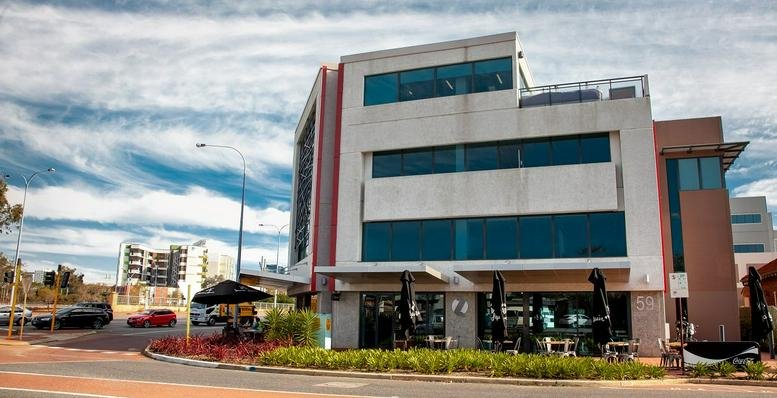 Exterior view of the multi-story modern office building at 59 Parry Street, Perth, Western Australia.