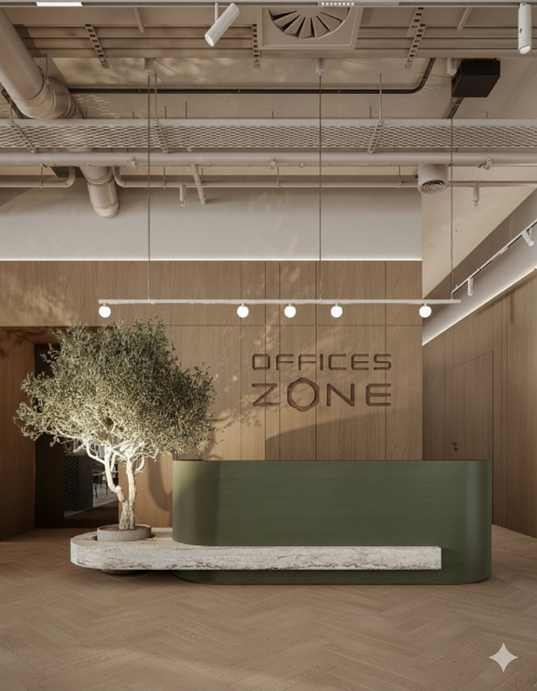 Sleek green reception desk with a tree feature at 6261 King Abdullah Branch Road, Al Nuzha District.