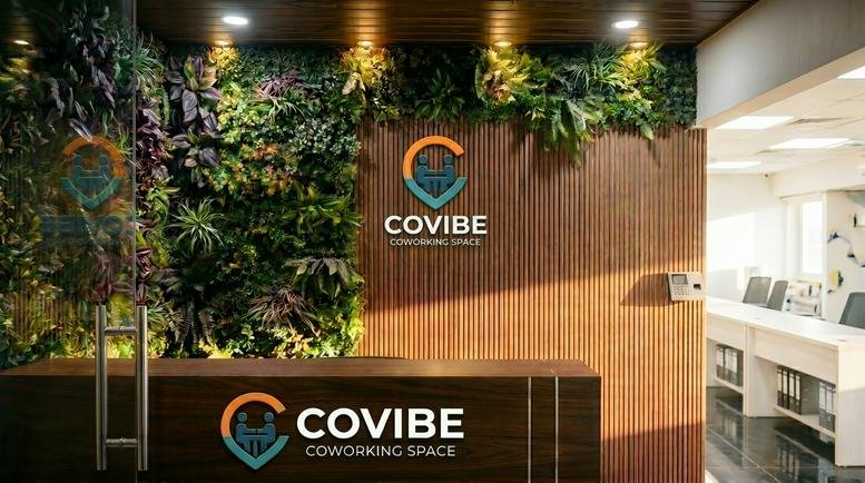 Professional reception area with a wood-paneled wall, greenery, and the company logo.