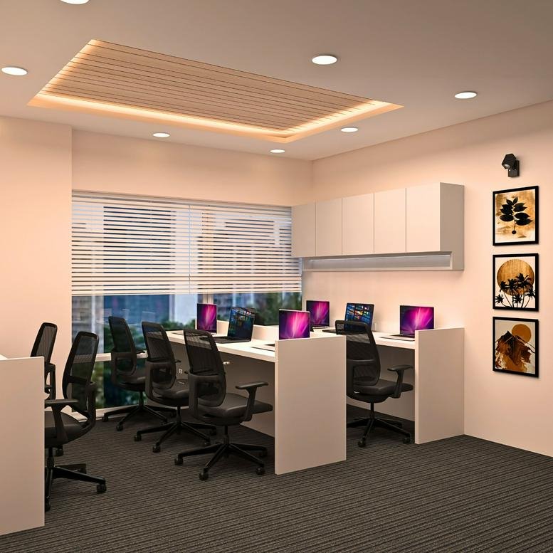 Modern open-plan workspace at Gala Empire with wood-slat ceiling and city views.