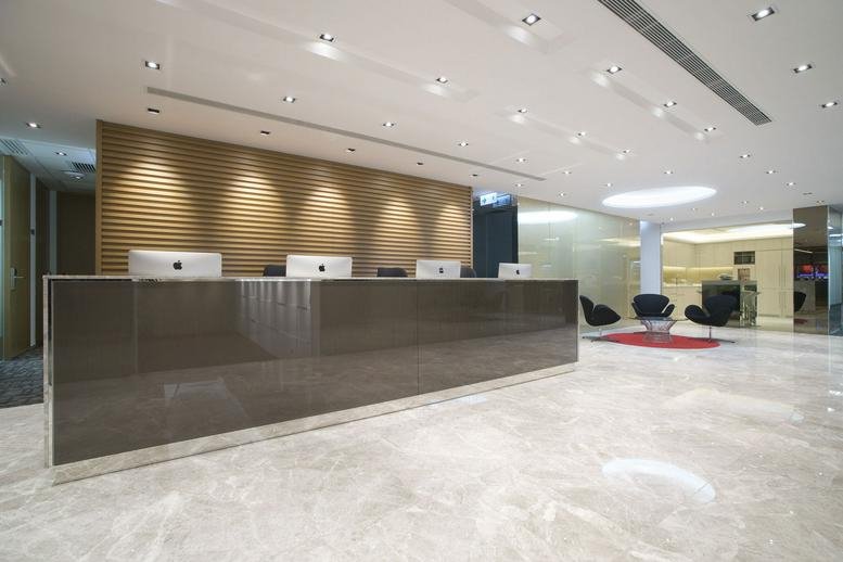 Sleek modern reception area at AIA Tower, Level 43, 183 Electric Road, Fortress Hill, Hong Kong.