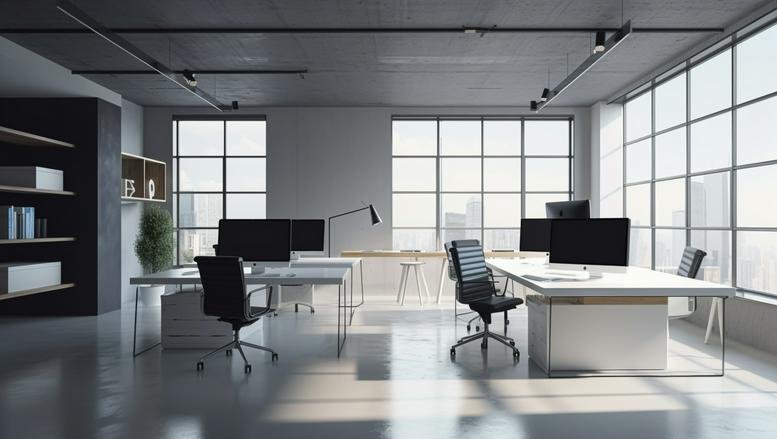 Spacious open-plan workspace at Al Jazeera Tower Building with modern desks and large industrial windows.