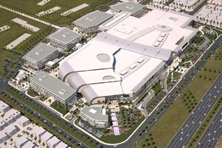 Aerial view of the modern, white complex at Al Shamal Expressway, Al Gharafa, Doha, Qatar.