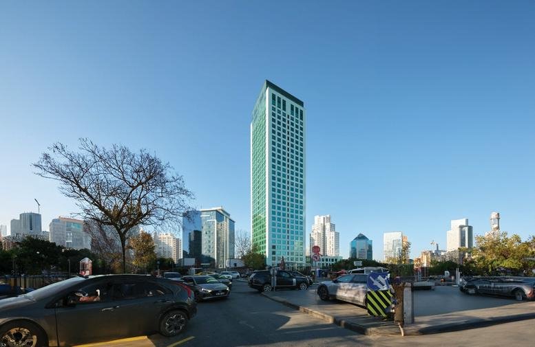 Exterior view of the glass-facade Sun Plaza at Maslak, Istanbul.