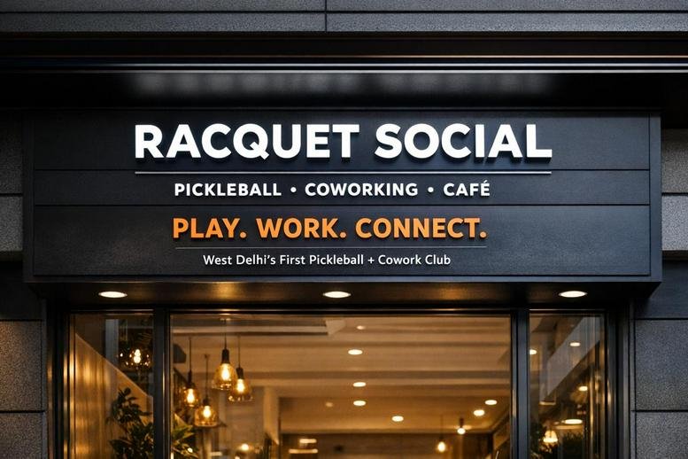 Exterior storefront and signage of Racquet Social, B-82, Mayapuri Phase I, New Delhi, India.