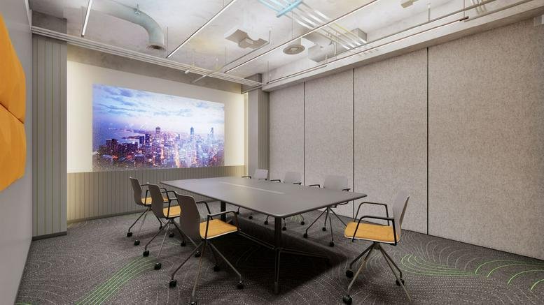 Modern conference room at Chinachem Tower, Levels 5-7, with a large projection screen and yellow-accented chairs.