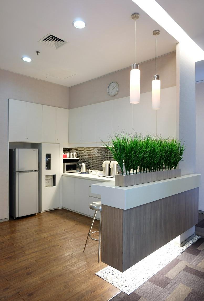 Modern kitchen and break area with a breakfast bar, wooden flooring, and decorative plants.