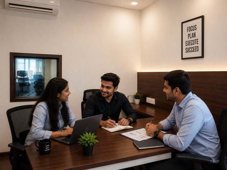 Team of three professionals collaborating in a meeting at the D1 VIP Complex, 2nd Floor, VIP Road, Karelibagh.