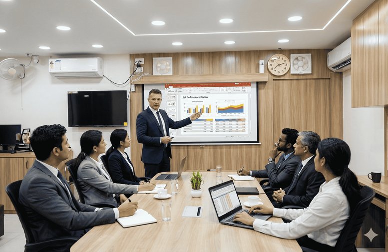 Spacious meeting room featuring a large table and a digital presentation screen.