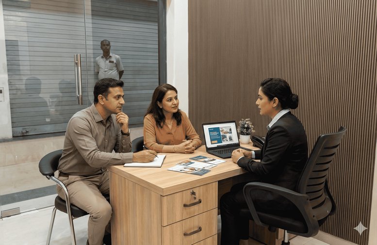 Consultation room with a professional meeting with two clients at a light wood desk.