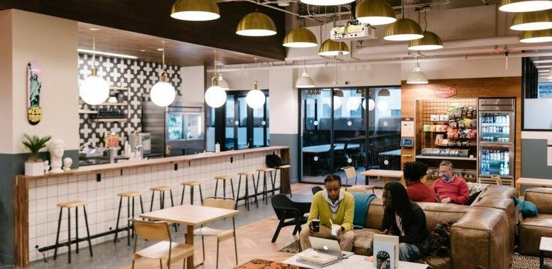 Spacious communal lounge and cafe area at Digital Media Building, 7 Xinxi Road, Haidian, Beijing.