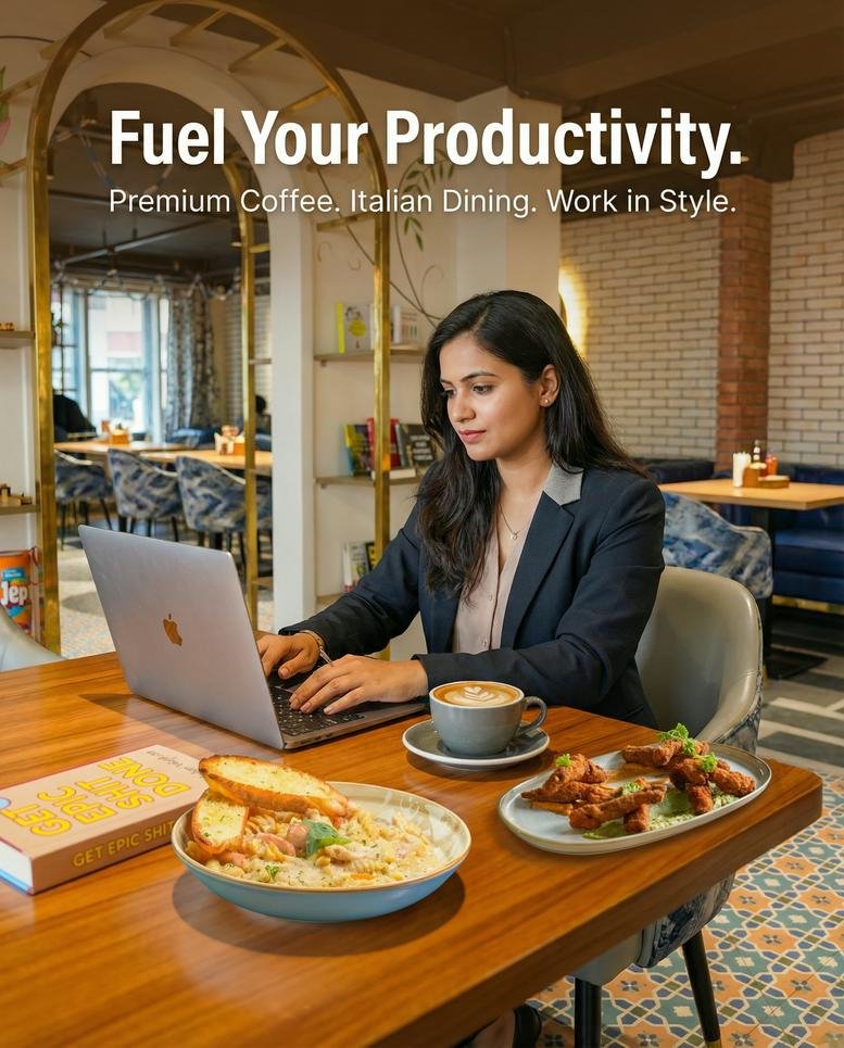 A professional at the Emperado Building, Road Number 12, working on a laptop in a stylish Italian cafe setting.