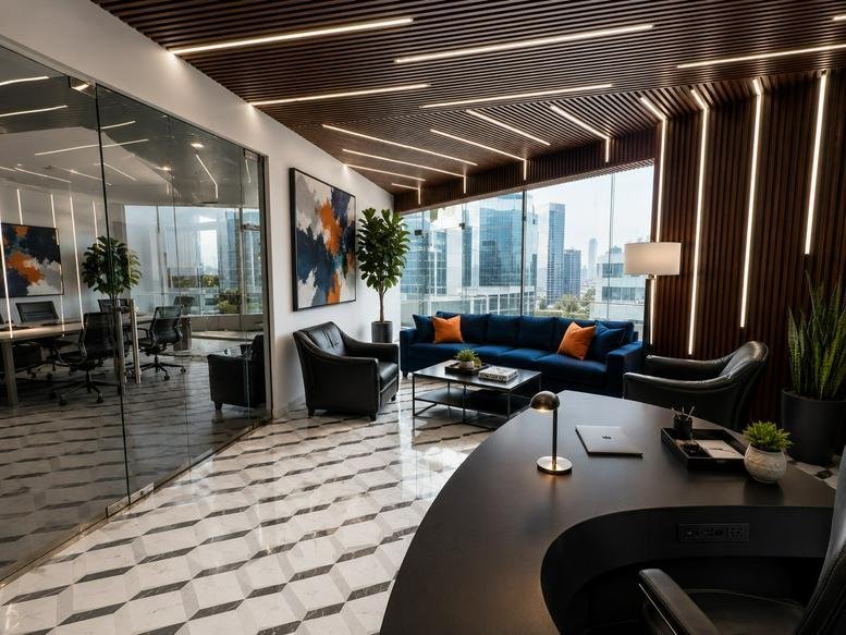 Executive office at 3rd Floor, H. No. 170, Khasra No. 398, Ghitorni, New Delhi, India with blue sofa and city views.