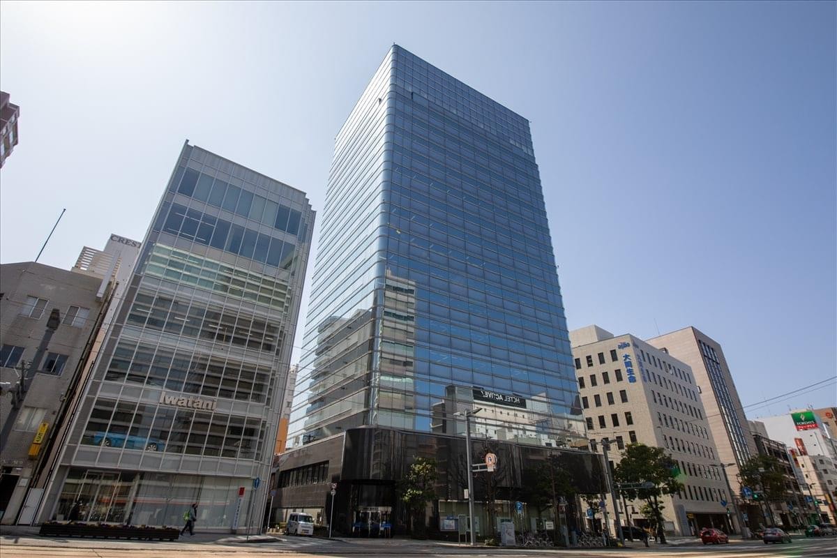 Exterior view of the glass-facade Hiroshima High Building, 3-1 Kanayama-cho, Naka-ku, Hiroshima, Japan.