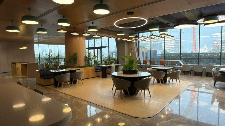 Spacious communal lounge at Code Brew with circular pendant lighting and greenery.