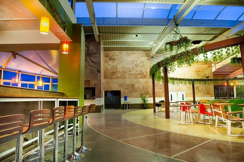 Spacious cafeteria with a glass ceiling, hanging plants, and a variety of modern seating options.