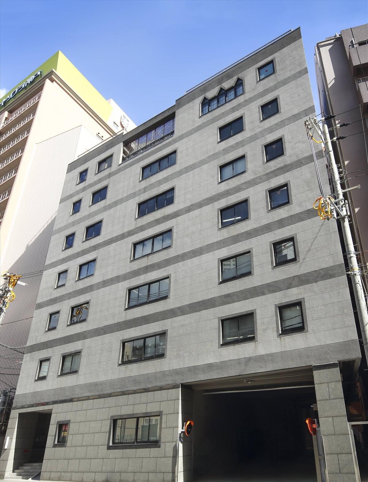 Exterior view of the concrete facade at the Kowa Building.