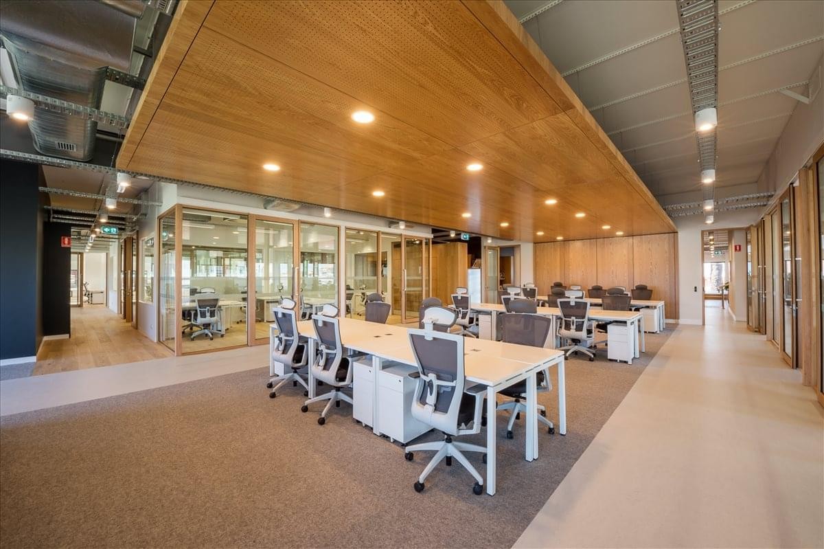 Spacious open-plan workspace at Level 1, 580 Church Street with a striking timber feature ceiling and modern desks.