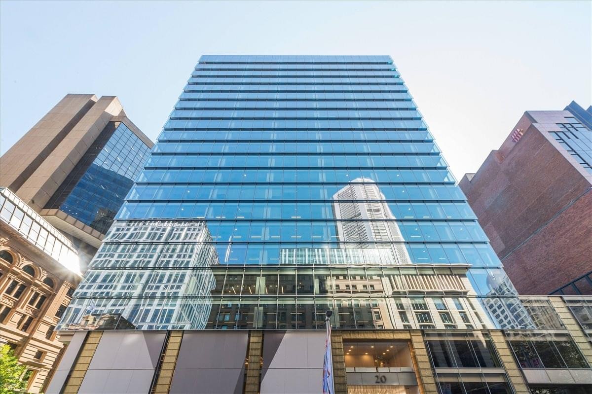Exterior view of the blue glass facade building at 20 Martin Place.