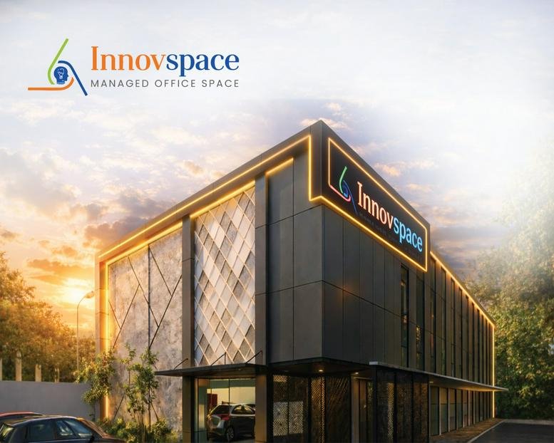 Exterior view of the modern black and gold facade at Innovspace in Coimbatore.